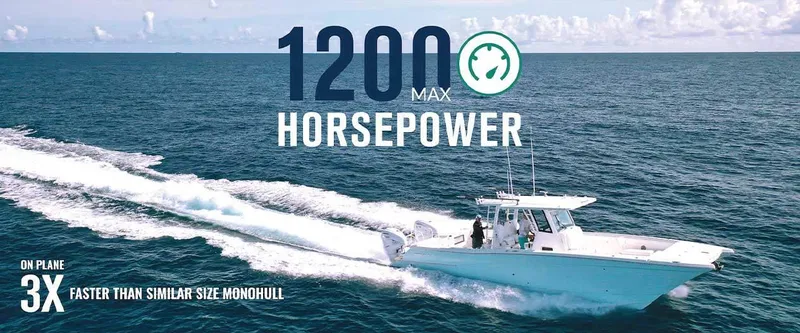 Slide: The Image of 2026 World Cat 400CC-X boat with 1200 max horsepower cruising on ocean. - 2