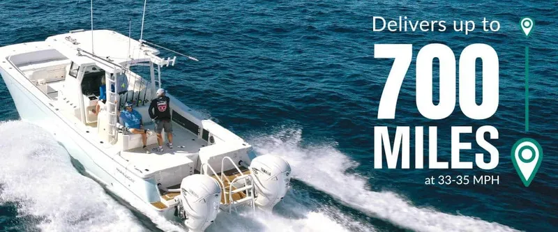 Slide: The Image of World Cat 400CC-X boat cruising, delivers up to 700 miles at 33-35 MPH. - 1