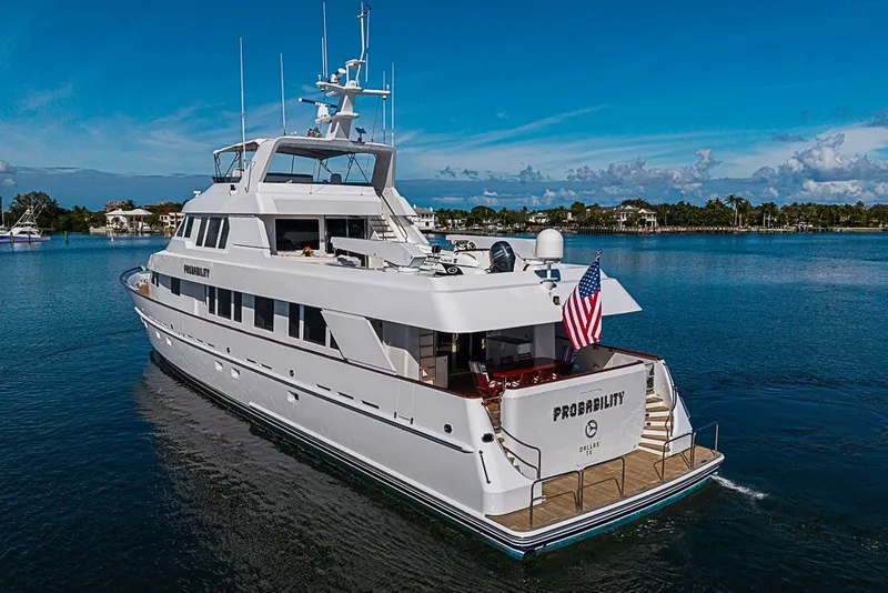 Slide: The Image of Luxurious 1997 Delta Marine Tri-deck Motoryacht cruising on serene waters. - 94