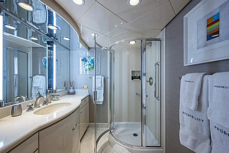 Slide: The Image of Luxurious bathroom on 1997 Delta Marine Tri-deck Motoryacht with modern fixtures and elegant design. - 51