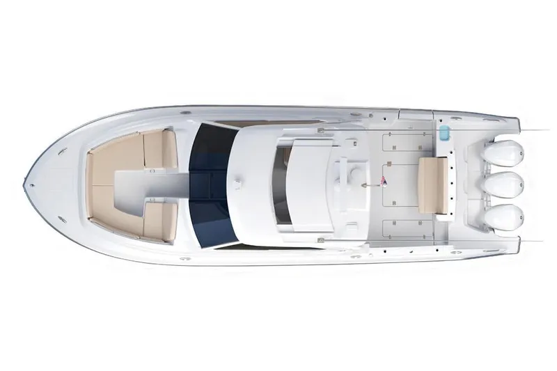 Slide: The Image of Manufacturer Provided Image: Top view of a 2019 Pursuit DC 365 Dual Console boat with triple outboard engines. - 83