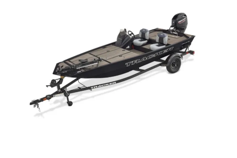 The Image of 2027 Tracker Pro 170 fishing boat on trailer, featuring dual seats and outboard motor. - 1