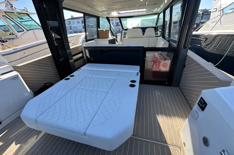 Slide: The Image of Luxurious interior of 2027 Saxdor 400 GTC yacht with elegant seating and modern design. - 38