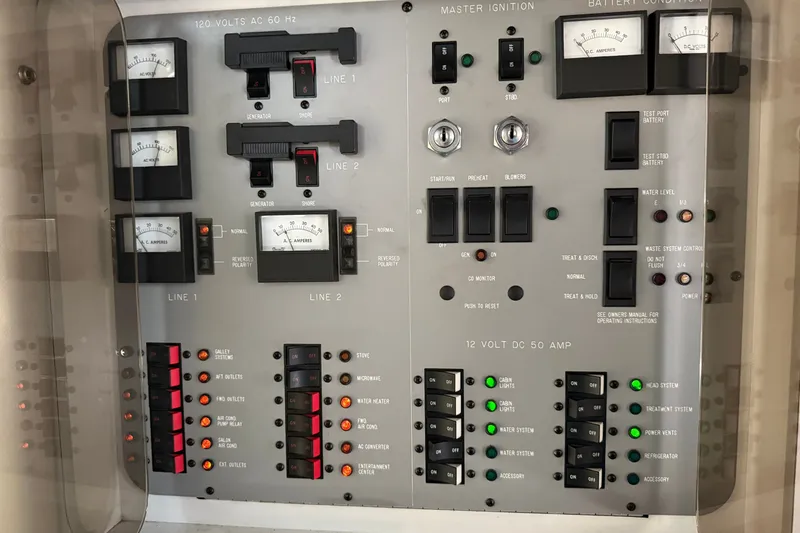 Slide: The Image of Control panel of a 1990 Sea Ray 420 Sundancer boat, featuring various switches and gauges. - 18