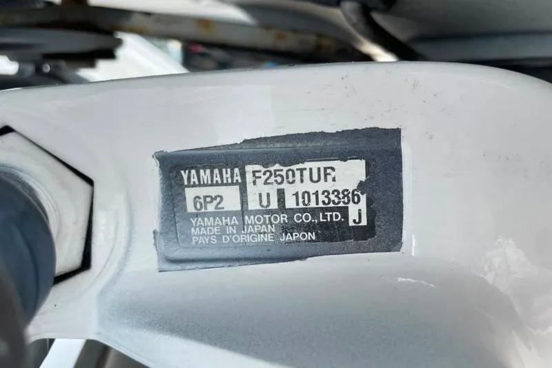 Slide: The Image of Yamaha F250TUR engine label on 2007 Edgewater 245CC boat, made in Japan. - 25