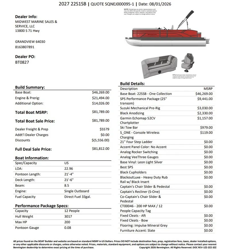 Slide: The Image of Bennington 21 S1SB SPS 2027: A red pontoon boat with detailed specifications and pricing. - 30