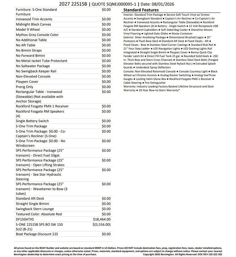 Slide: The Image of Bennington 21 S1SB SPS 2027: Quote details with pricing and standard features, including furniture and engine options. - 31