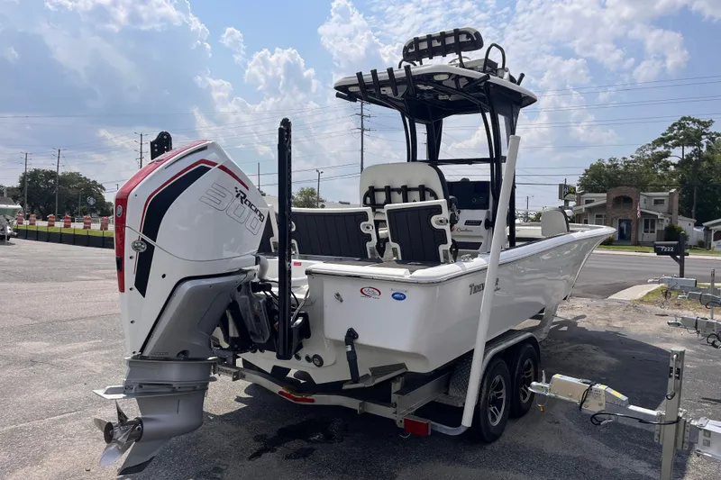 Slide: The Image of 2022 Tidewater 2500 Carolina Bay boat with powerful engine on trailer. - 4