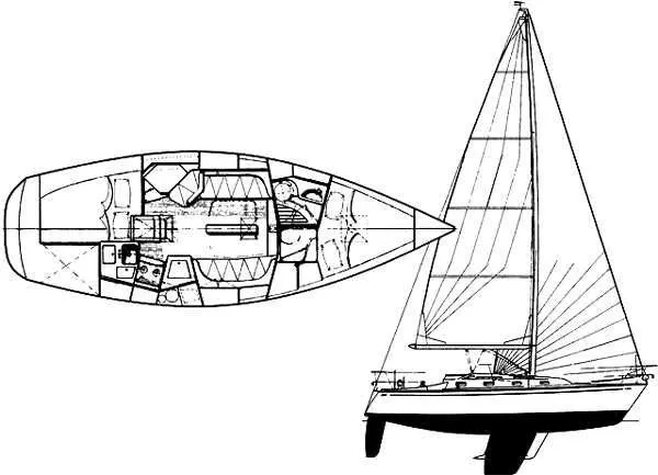 Slide: The Image of Drawing of a 1992 Tartan 3100 sailboat with deck and side view. - 2