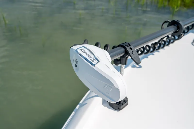 Slide: The Image of 2025 Caymas 26 HB boat with Minn Kota trolling motor on calm water. - 19