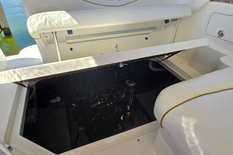 Slide: The Image of Engine compartment of a 2003 Sea Ray Sundancer 260 boat, open for maintenance. - 31