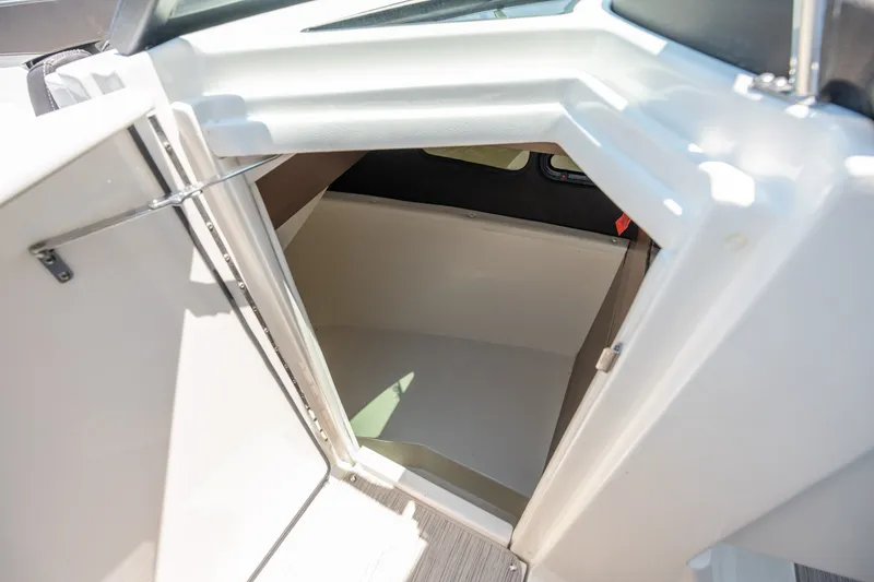 Slide: The Image of Interior cabin entrance of 2017 Sea Ray SLX 350 boat, showcasing sleek design. - 30