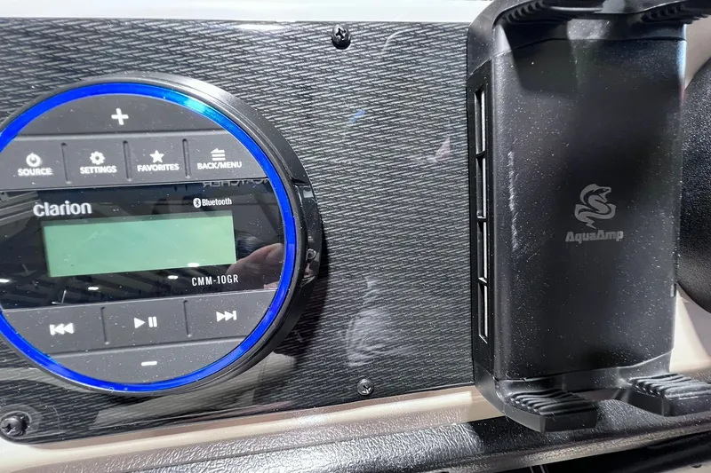 Slide: The Image of Clarion Bluetooth stereo and AquaAmp holder in 2026 SunCatcher Select 20F boat. - 25