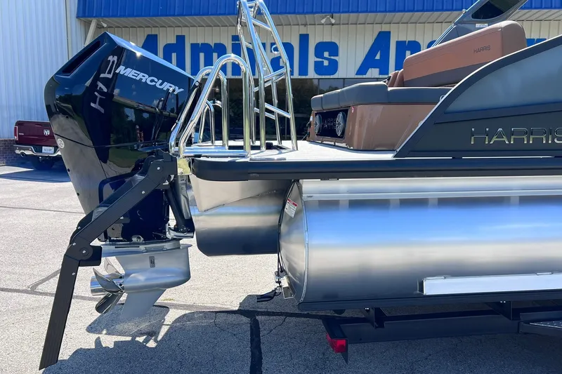 Slide: The Image of 2027 Harris Grand Mariner 250 SL pontoon boat with Mercury outboard motor at dealership. - 45