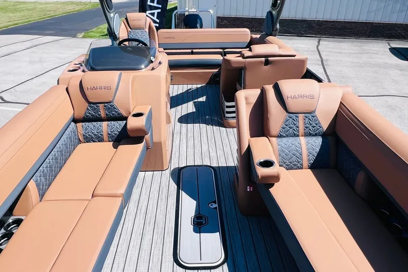 Slide: The Image of Luxurious interior of 2027 Harris Grand Mariner 250 SL pontoon boat with plush seating. - 5