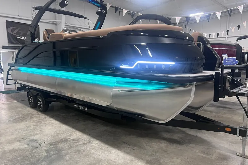 Slide: The Image of 2027 Harris Grand Mariner 250 SL pontoon boat with LED lights on trailer. - 3