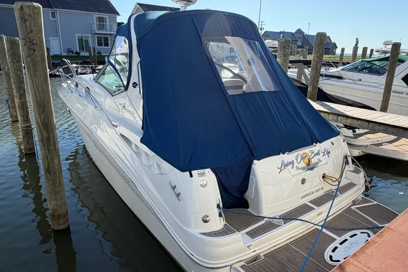 Slide: The Image of 2003 Sea Ray Sundancer 320 docked with blue cover, featuring "Living Our Best Life" text. - 5