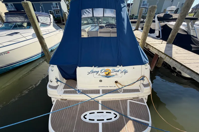 Slide: The Image of 2003 Sea Ray Sundancer 320 docked, featuring blue cover and "Living Our Best Life" text. - 4