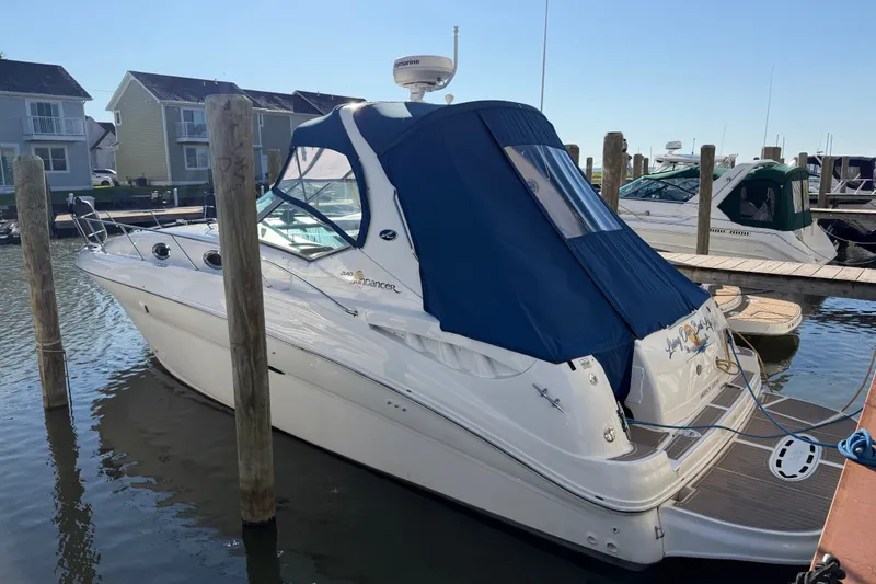 The Image of 2003 Sea Ray Sundancer 320 docked at marina with blue canopy. - 1