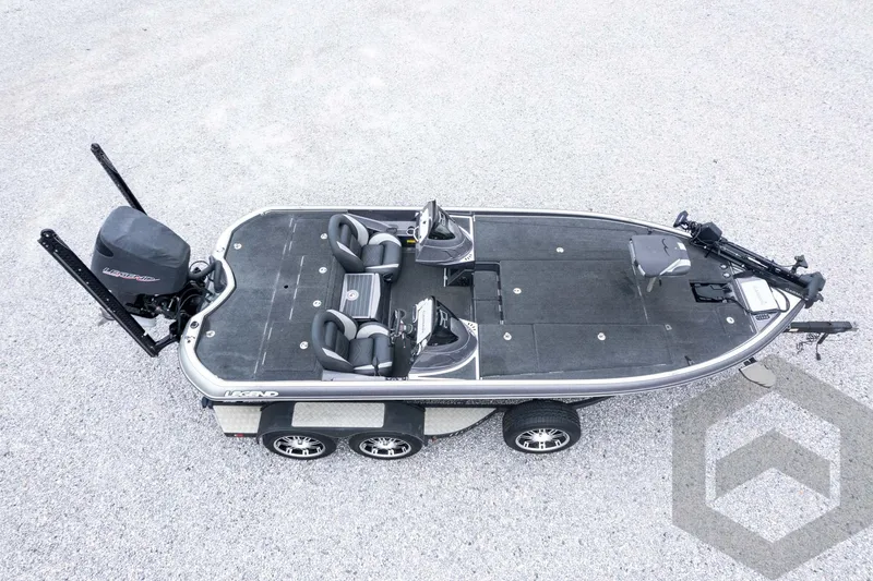 Slide: The Image of 2015 Legend V-20 fishing boat on trailer, aerial view, spacious deck, dual seating. - 43