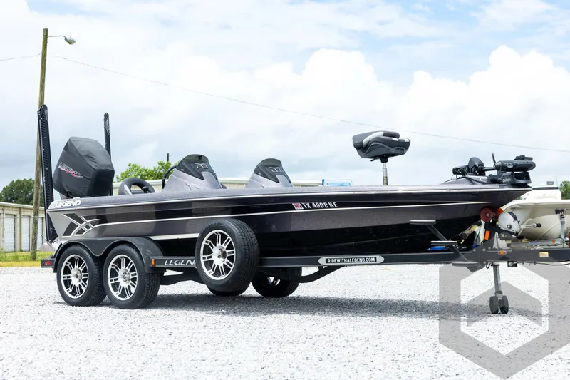 Slide: The Image of 2015 Legend V-20 boat on trailer, sleek design, dual consoles, and modern equipment. - 3