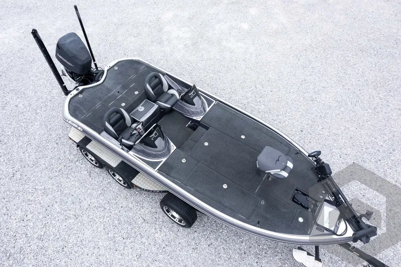 Slide: The Image of 2015 Legend V-20 fishing boat with dual seats and motor, viewed from above. - 42