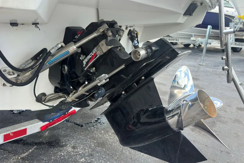 Slide: The Image of Close-up of a 2000 Formula 271 FASTech boat's Mercury outdrive and propeller system. - 8