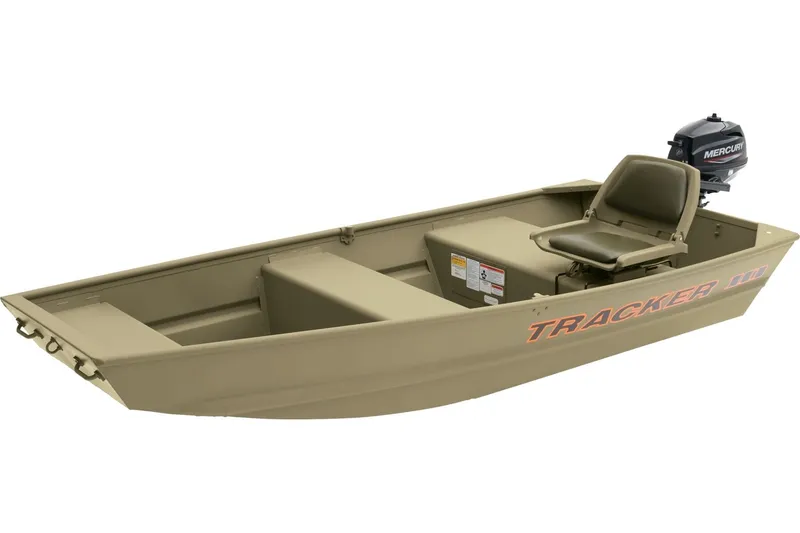 Slide: The Image of 2025 Tracker Grizzly 10 Jon boat with Mercury outboard motor, beige color. - 16