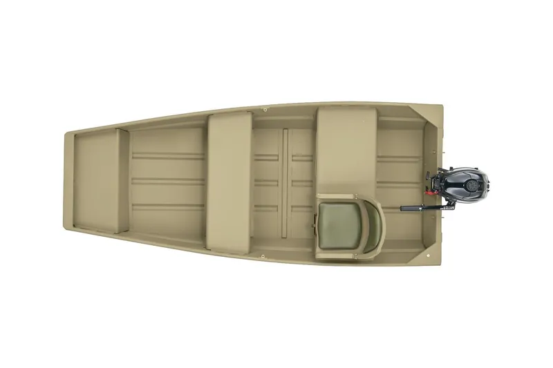 Slide: The Image of 2025 Tracker Grizzly 10 Jon boat, top view, featuring a compact design and outboard motor. - 15
