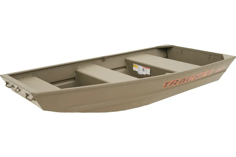 Slide: The Image of 2025 Tracker Grizzly 10 Jon boat, beige color, side view. - 13