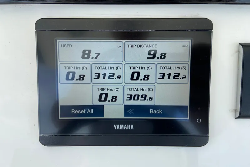 Slide: The Image of Yamaha display showing fuel usage and trip data on a 2022 Regulator 34 boat. - 45