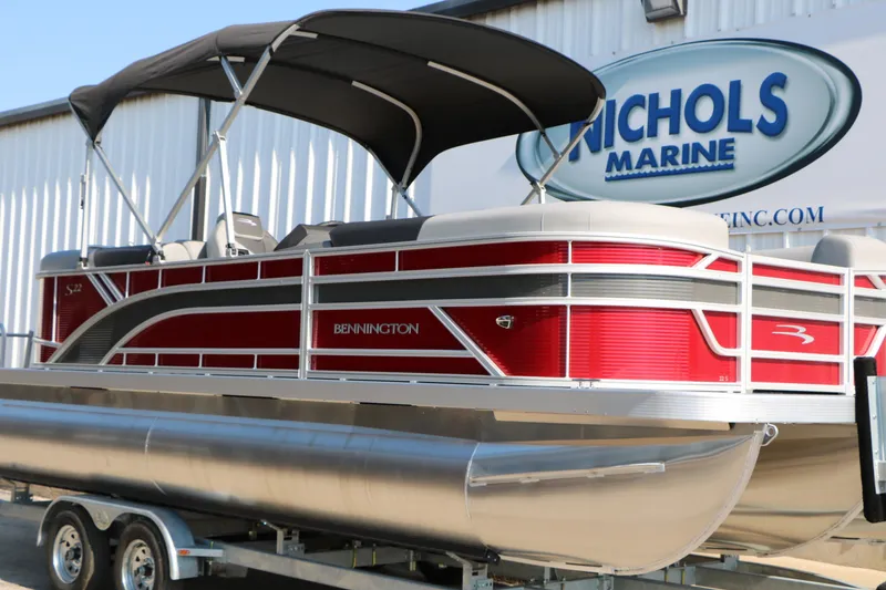 Slide: The Image of 2026 Bennington 22 SSR Tri-Toon pontoon boat with red exterior at Nichols Marine. - 18