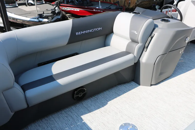 Slide: The Image of 2026 Bennington 22 SSR Tri-Toon boat interior with gray seating and modern design. - 21