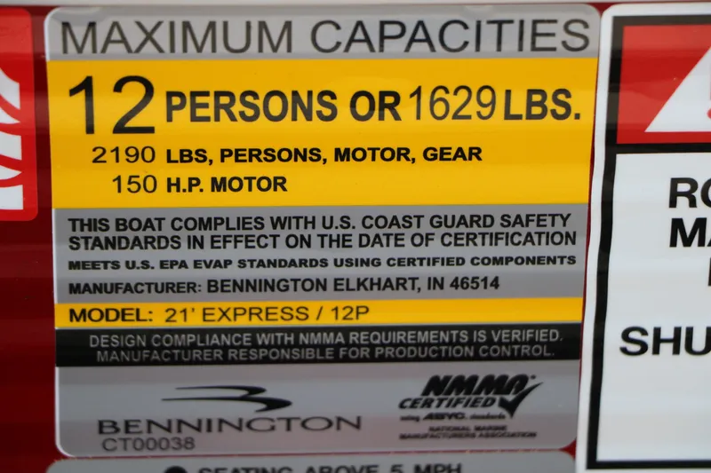 Slide: The Image of Capacity label for 2026 Bennington 22 SSR Tri-Toon, 12 persons or 1629 lbs, 150 HP motor. - 32