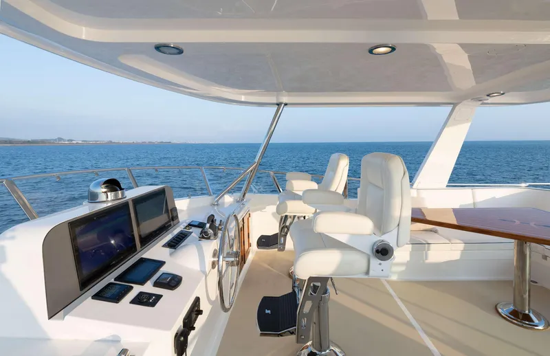 Slide: The Image of Flybridge of the 2020 Hunt Yachts Ocean 63 with helm station and seating area. - 8