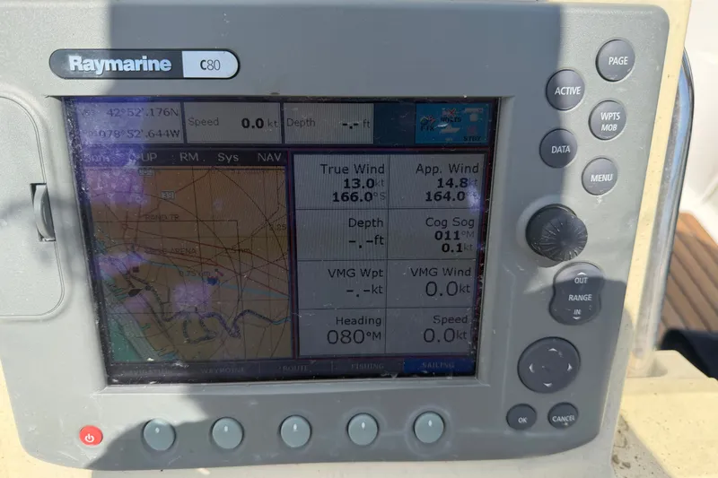 Slide: The Image of Raymarine C80 navigation display on 2009 Beneteau Oceanis 31 sailboat, showing wind and speed data. - 21
