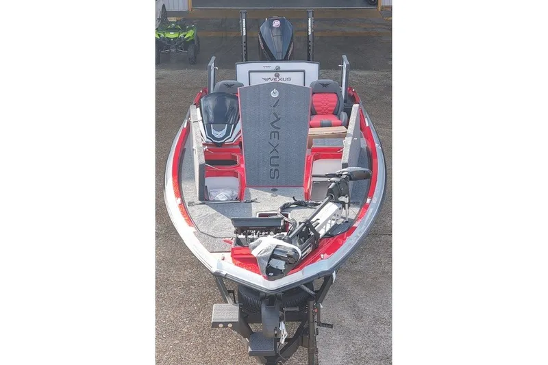 Slide: The Image of 2026 Vexus VXs20 boat with red and gray interior, featuring advanced fishing equipment. - 8
