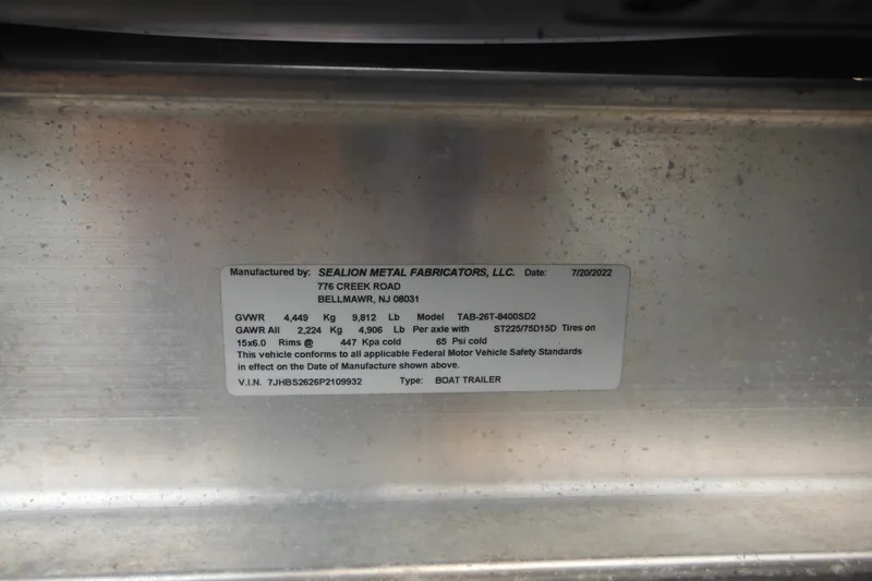 Slide: The Image of Label on boat trailer by Sealion Metal Fabricators, dated 7/20/2022. - 6