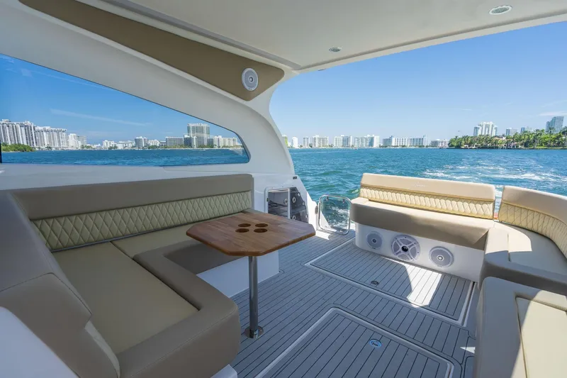 Slide: The Image of Luxurious Hanover 375 yacht interior with city skyline view, 2026 model. - 32