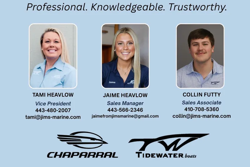 Slide: The Image of Professional team members of Chaparral and Tidewater Boats with contact information. - 53