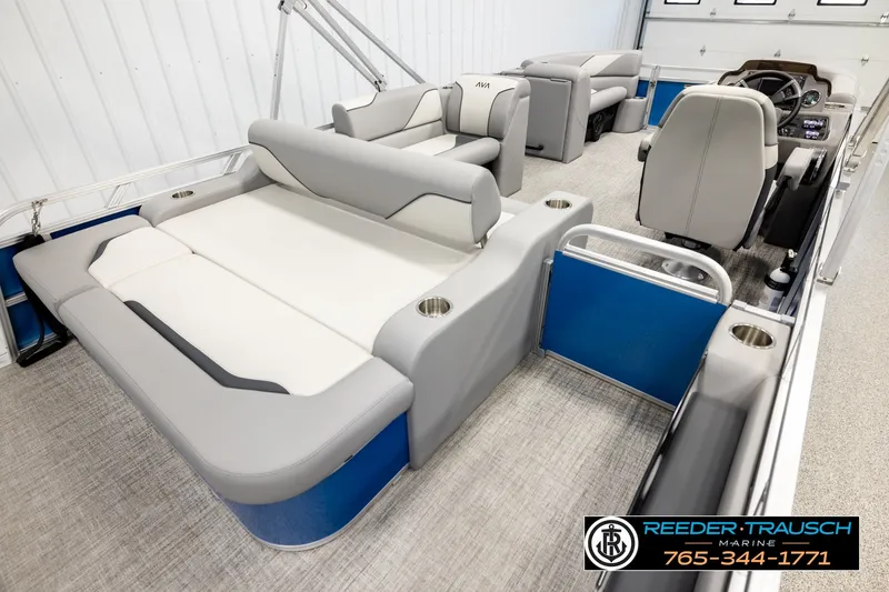 Slide: The Image of Luxurious 2026 Avalon VEN85 RF pontoon boat interior with plush seating and modern design. - 12