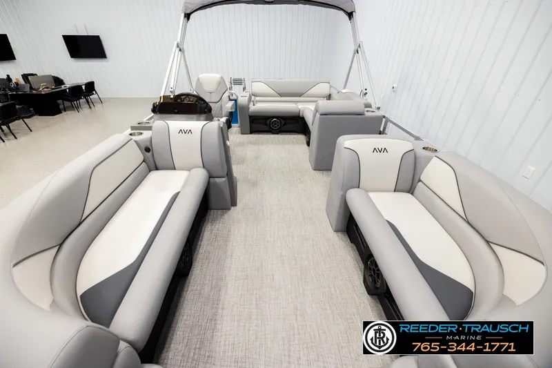 Slide: The Image of Luxurious 2026 Avalon VEN85 RF pontoon boat interior with plush seating and modern design. - 13