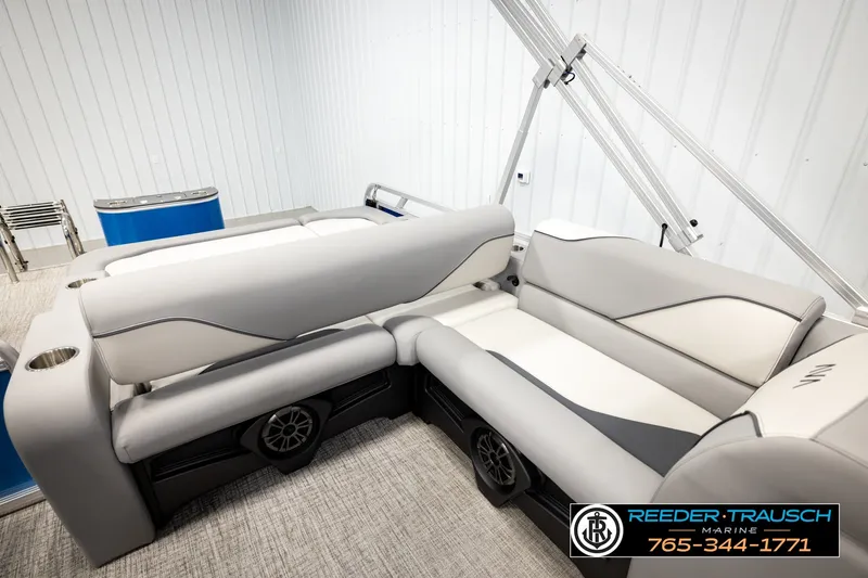 Slide: The Image of 2026 Avalon VEN85 RF boat interior with sleek gray seating and modern design elements. - 26