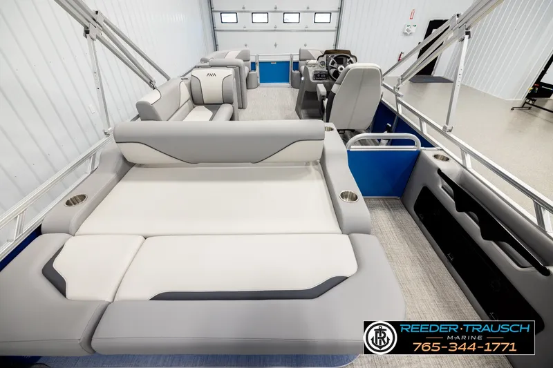 Slide: The Image of 2026 Avalon VEN85 RF pontoon boat interior with luxurious seating and modern design. - 16