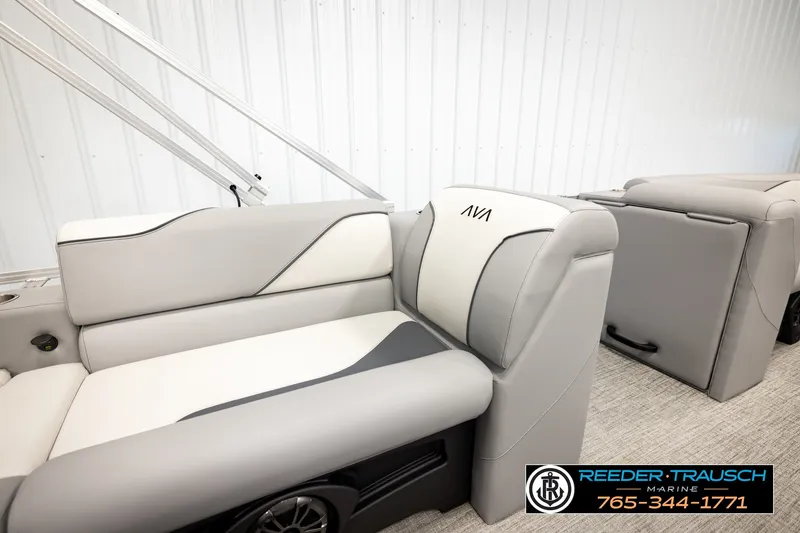 Slide: The Image of Luxurious seating in 2026 Avalon VEN85 RF boat, featuring sleek gray and white upholstery. - 22