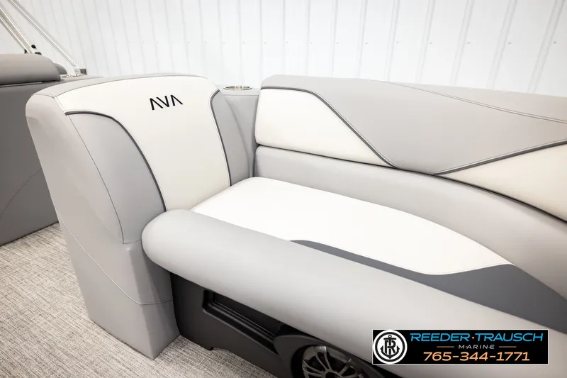 Slide: The Image of Luxurious seating in the 2026 Avalon VEN85 RF boat, featuring sleek gray and white upholstery. - 42