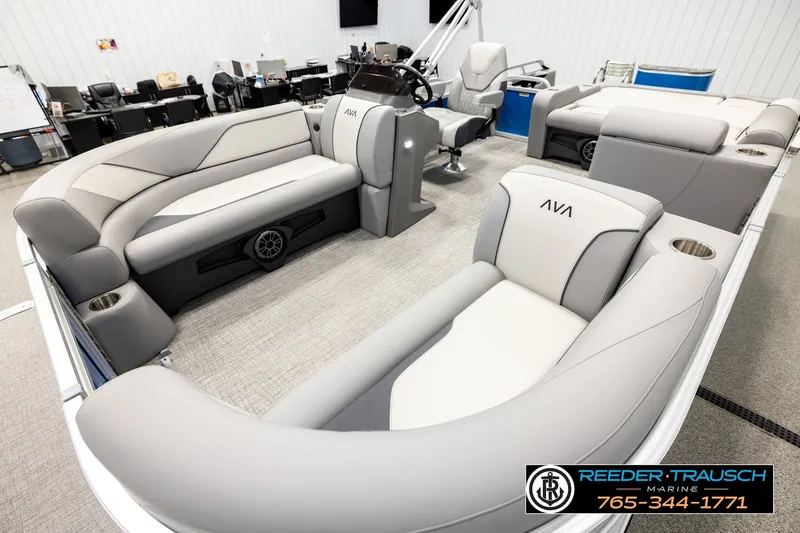 Slide: The Image of Luxurious interior of 2026 Avalon VEN85 RF pontoon boat with plush seating and modern design. - 10