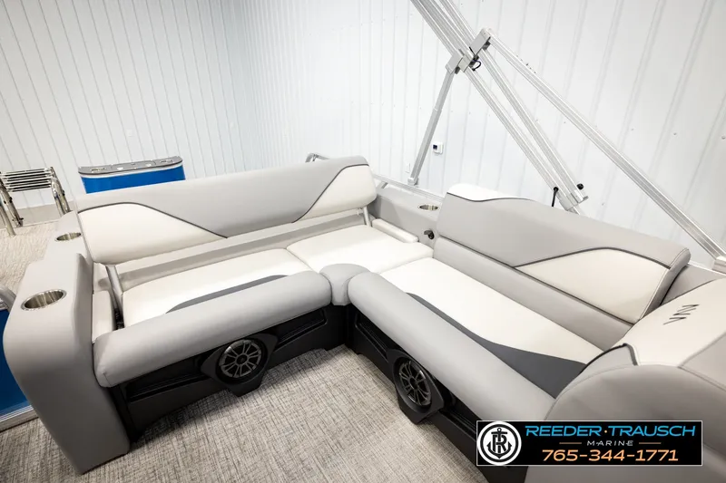 Slide: The Image of Luxurious seating in 2026 Avalon VEN85 RF boat, featuring modern design and integrated speakers. - 25
