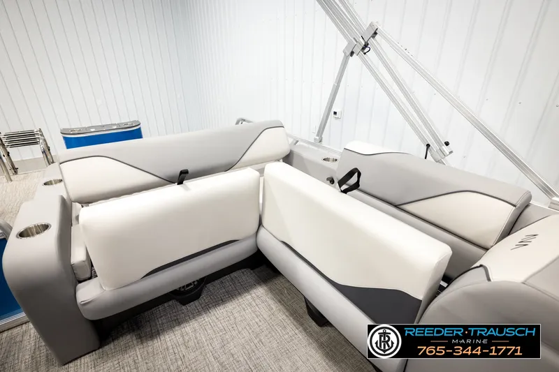 Slide: The Image of 2026 Avalon VEN85 RF boat interior with modern seating and cup holders. - 27