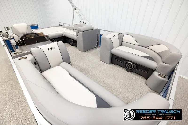 Slide: The Image of Luxurious interior of 2026 Avalon VEN85 RF pontoon boat with plush seating and modern design. - 9